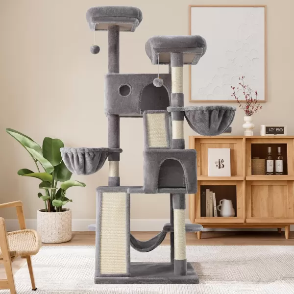 Allewie 65in MultiLevel Tall Cat Tree for Indoor CatsLarger Tower with Wide BaseCozy Plush Cat PerchesCat Condo with HammockSisal Scratching PostsDark GreyGrey