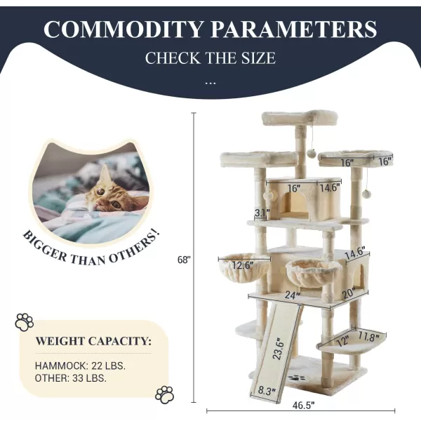 Allewie 68 Inches Cat TreeCat Tree House and Towers for Large CatCat Climbing Tree with Cat CondoCat Tree Scratching PostMultiLevel Large Cat TreeBeigeBeige