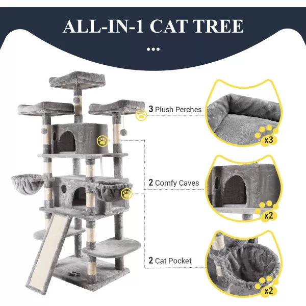 Allewie 68 Inches Cat TreeCat Tree House and Towers for Large CatCat Climbing Tree with Cat CondoCat Tree Scratching PostMultiLevel Large Cat TreeBeigeLight Grey