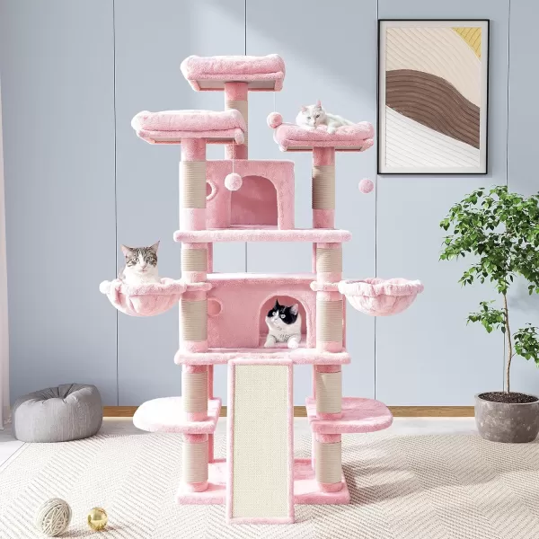 Allewie 68 Inches Cat TreeCat Tree House and Towers for Large CatCat Climbing Tree with Cat CondoCat Tree Scratching PostMultiLevel Large Cat TreeBeigePink