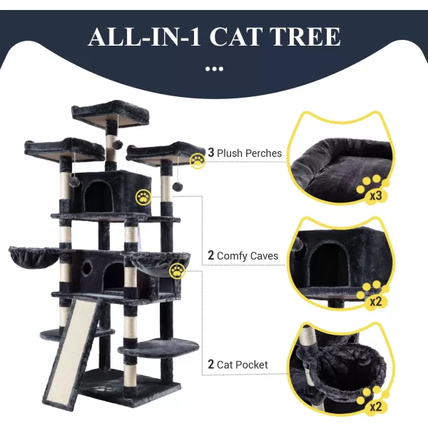 Allewie 68 Inches Cat TreeCat Tree House and Towers for Large CatCat Climbing Tree with Cat CondoCat Tree Scratching PostMultiLevel Large Cat TreeBeigeSmoky Grey