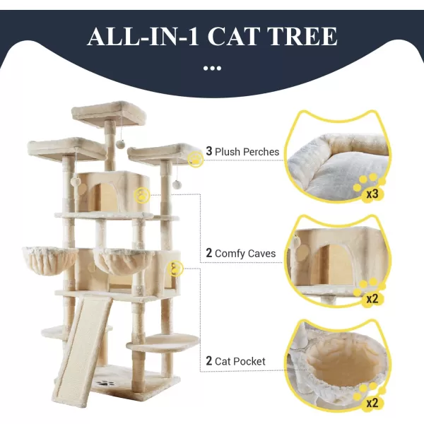 Allewie 68 Inches Cat TreeCat Tree House and Towers for Large CatCat Climbing Tree with Cat CondoCat Tree Scratching PostMultiLevel Large Cat TreeBeigeBeige