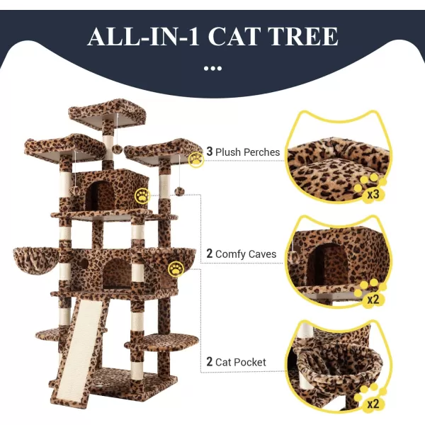 Allewie 68 Inches Cat TreeCat Tree House and Towers for Large CatCat Climbing Tree with Cat CondoCat Tree Scratching PostMultiLevel Large Cat TreeBeigeLeopard Print