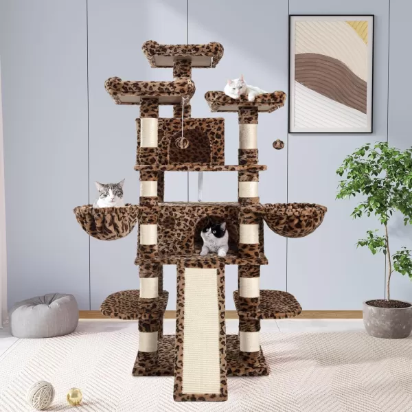 Allewie 68 Inches Cat TreeCat Tree House and Towers for Large CatCat Climbing Tree with Cat CondoCat Tree Scratching PostMultiLevel Large Cat TreeBeigeLeopard Print