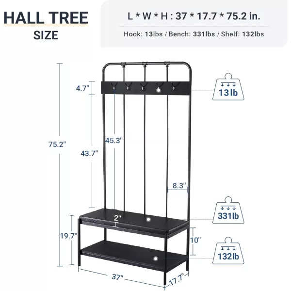 Allewie Coat Rack Shoe Bench 75quot Freestanding Hall Tree Entryway Bench with Storage Shelves Upholstered SpongePadded Seat Organized with 5 Hooks Industrial Furniture Easy Assembly Black