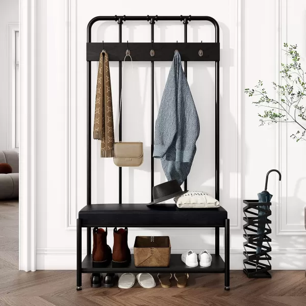 Allewie Coat Rack Shoe Bench 75quot Freestanding Hall Tree Entryway Bench with Storage Shelves Upholstered SpongePadded Seat Organized with 5 Hooks Industrial Furniture Easy Assembly Black