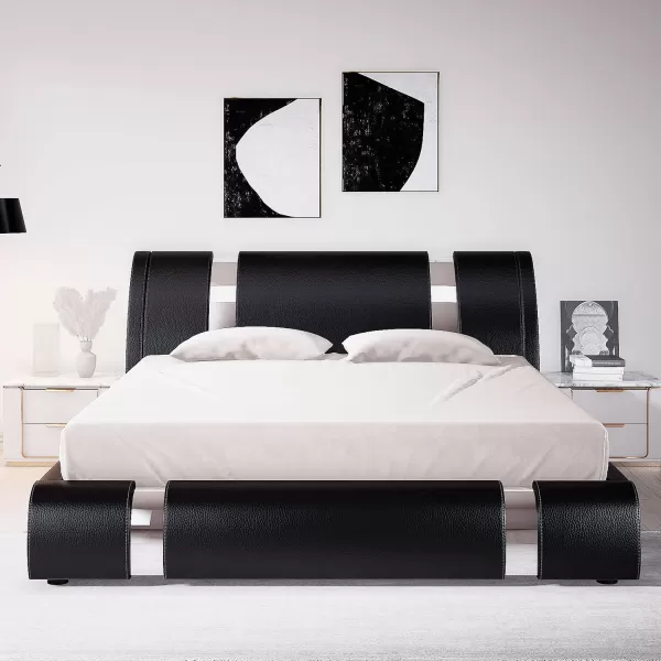 Allewie King Size Bed Frame with Iron Piece Decor Faux Leather Upholstered Platform Bed with Curved Adjustable Headboard Wooden Slats Support No Box Spring Needed Modern BlackBlack