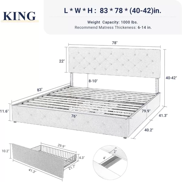 Allewie King Size Platform Bed Frame with 4 Storage Drawers and HeadboardUpholstered Diamond Stitched Button TuftedWooden Slats SupportMattress FoundationNo Box Spring NeededWhiteDark Grey