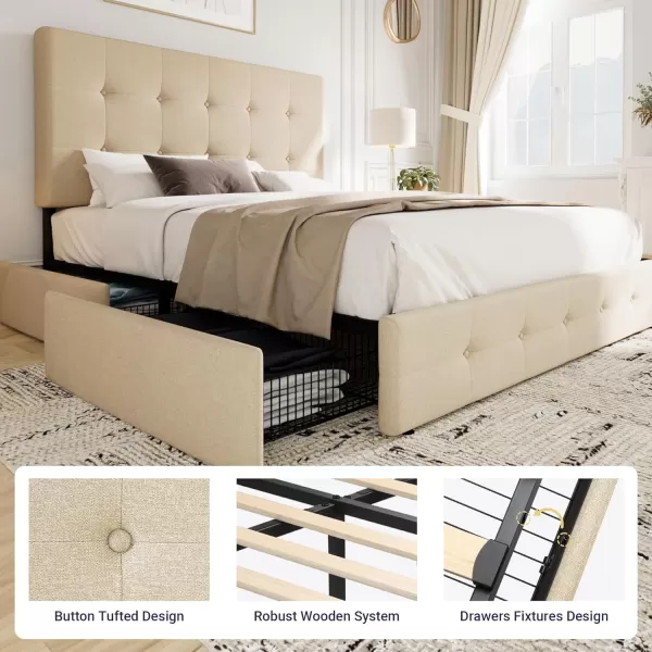 Allewie King Size Platform Bed Frame with 4 Storage Drawers and HeadboardUpholstered Diamond Stitched Button TuftedWooden Slats SupportMattress FoundationNo Box Spring NeededWhiteBeige