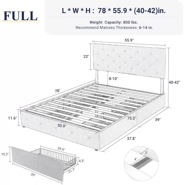 Allewie King Size Platform Bed Frame with 4 Storage Drawers and HeadboardUpholstered Diamond Stitched Button TuftedWooden Slats SupportMattress FoundationNo Box Spring NeededWhiteDark Grey