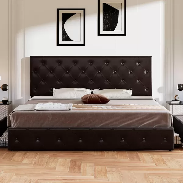 Allewie King Size Platform Bed Frame with 4 Storage Drawers and HeadboardUpholstered Diamond Stitched Button TuftedWooden Slats SupportMattress FoundationNo Box Spring NeededWhiteBlackbrown