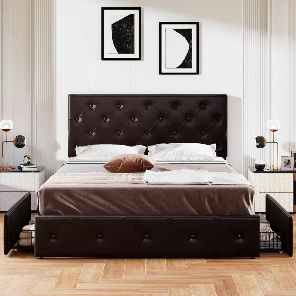 Allewie King Size Platform Bed Frame with 4 Storage Drawers and HeadboardUpholstered Diamond Stitched Button TuftedWooden Slats SupportMattress FoundationNo Box Spring NeededWhiteBlackbrown