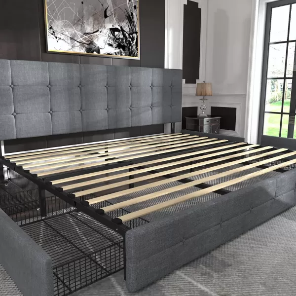 Allewie King Size Platform Bed Frame with 4 Storage Drawers and HeadboardUpholstered Diamond Stitched Button TuftedWooden Slats SupportMattress FoundationNo Box Spring NeededWhiteLight Grey