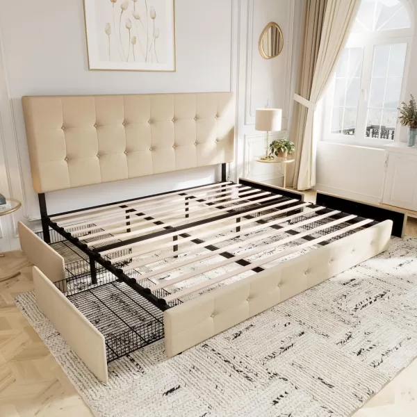 Allewie King Size Platform Bed Frame with 4 Storage Drawers and HeadboardUpholstered Diamond Stitched Button TuftedWooden Slats SupportMattress FoundationNo Box Spring NeededWhiteBeige