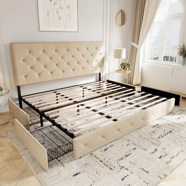 Allewie King Size Platform Bed Frame with 4 Storage Drawers and HeadboardUpholstered Diamond Stitched Button TuftedWooden Slats SupportMattress FoundationNo Box Spring NeededWhiteBeige