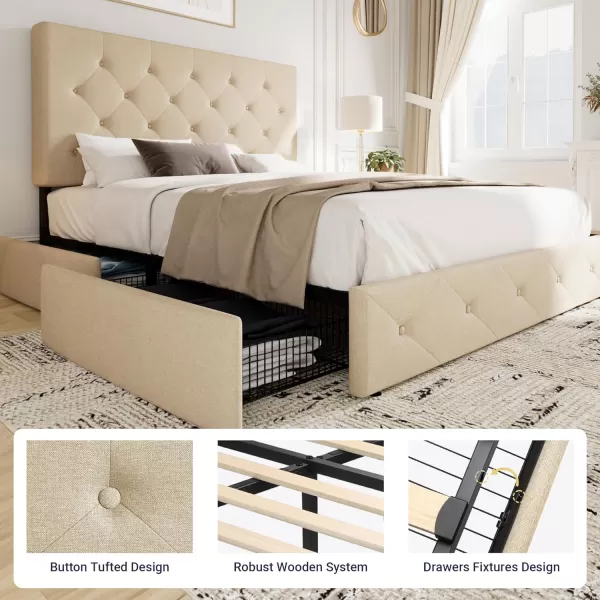 Allewie King Size Platform Bed Frame with 4 Storage Drawers and HeadboardUpholstered Diamond Stitched Button TuftedWooden Slats SupportMattress FoundationNo Box Spring NeededWhiteBeige