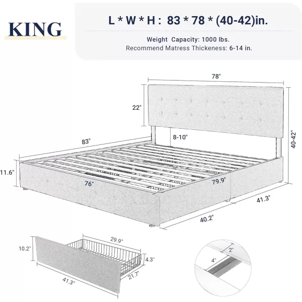 Allewie King Size Platform Bed Frame with 4 Storage Drawers and HeadboardUpholstered Diamond Stitched Button TuftedWooden Slats SupportMattress FoundationNo Box Spring NeededWhiteLight Grey