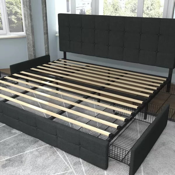 Allewie King Size Platform Bed Frame with 4 Storage Drawers and HeadboardUpholstered Diamond Stitched Button TuftedWooden Slats SupportMattress FoundationNo Box Spring NeededWhiteDark Grey