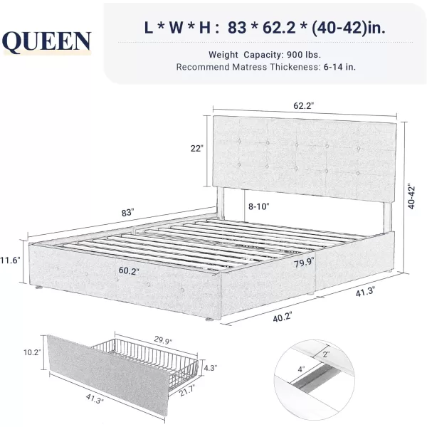 Allewie King Size Platform Bed Frame with 4 Storage Drawers and HeadboardUpholstered Diamond Stitched Button TuftedWooden Slats SupportMattress FoundationNo Box Spring NeededWhiteDark Grey