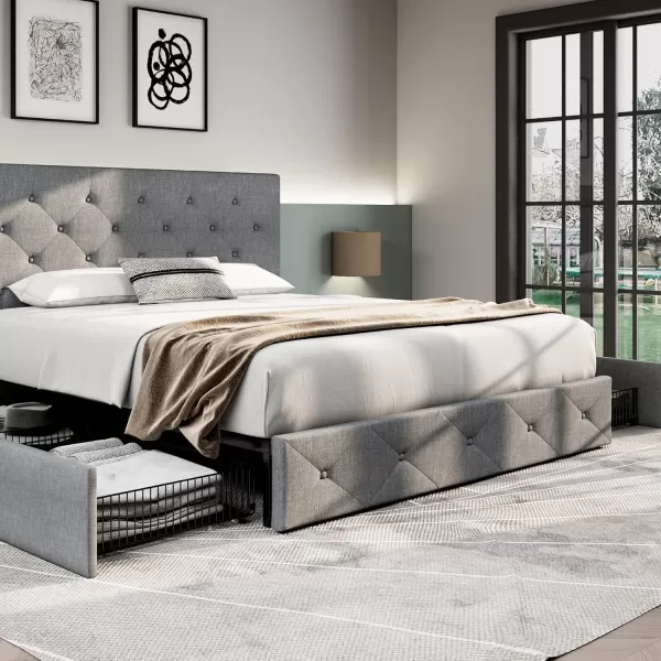 Allewie King Size Platform Bed Frame with 4 Storage Drawers and HeadboardUpholstered Diamond Stitched Button TuftedWooden Slats SupportMattress FoundationNo Box Spring NeededWhiteLight Grey