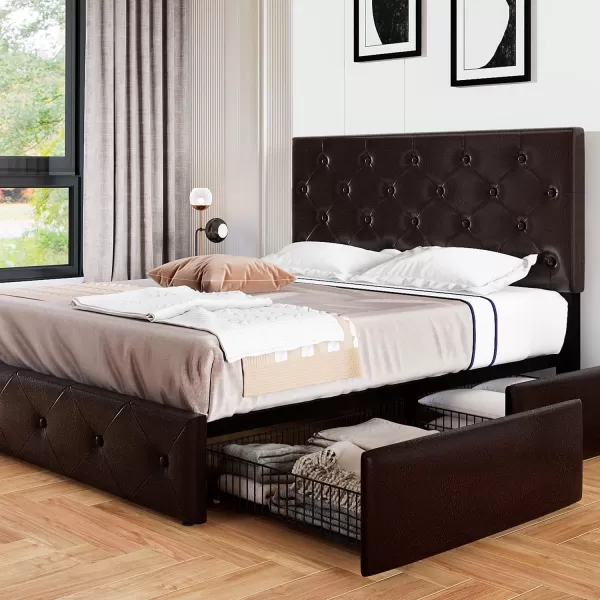 Allewie King Size Platform Bed Frame with 4 Storage Drawers and HeadboardUpholstered Diamond Stitched Button TuftedWooden Slats SupportMattress FoundationNo Box Spring NeededWhiteBlackbrown