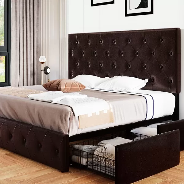 Allewie King Size Platform Bed Frame with 4 Storage Drawers and HeadboardUpholstered Diamond Stitched Button TuftedWooden Slats SupportMattress FoundationNo Box Spring NeededWhiteBlackbrown