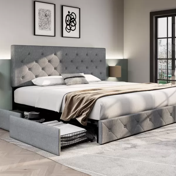 Allewie King Size Platform Bed Frame with 4 Storage Drawers and HeadboardUpholstered Diamond Stitched Button TuftedWooden Slats SupportMattress FoundationNo Box Spring NeededWhiteLight Grey