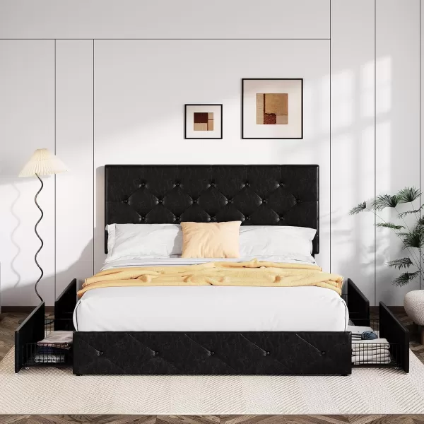 Allewie King Size Platform Bed Frame with 4 Storage Drawers and HeadboardUpholstered Diamond Stitched Button TuftedWooden Slats SupportMattress FoundationNo Box Spring NeededWhiteBlack