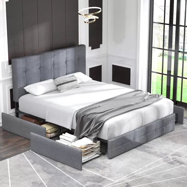 Allewie King Size Platform Bed Frame with 4 Storage Drawers and HeadboardUpholstered Diamond Stitched Button TuftedWooden Slats SupportMattress FoundationNo Box Spring NeededWhiteLight Grey