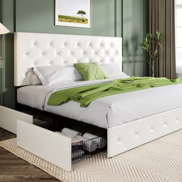 Allewie King Size Platform Bed Frame with 4 Storage Drawers and HeadboardUpholstered Diamond Stitched Button TuftedWooden Slats SupportMattress FoundationNo Box Spring NeededWhiteWhite