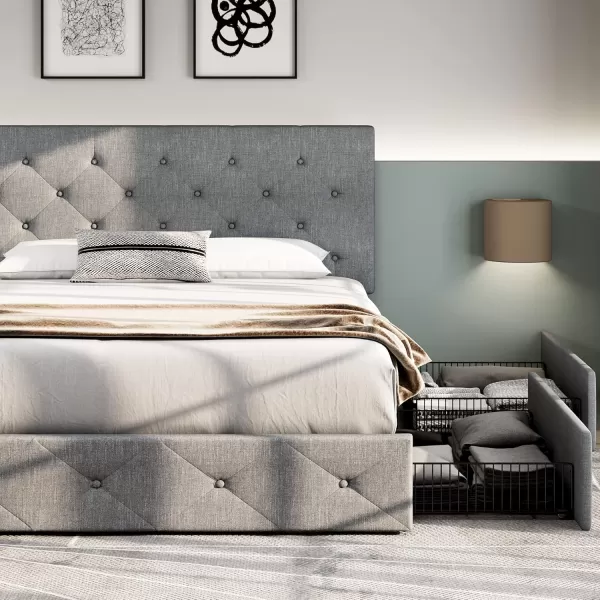 Allewie King Size Platform Bed Frame with 4 Storage Drawers and HeadboardUpholstered Diamond Stitched Button TuftedWooden Slats SupportMattress FoundationNo Box Spring NeededWhiteLight Grey