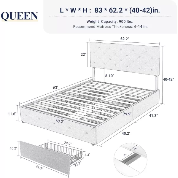 Allewie King Size Platform Bed Frame with 4 Storage Drawers and HeadboardUpholstered Diamond Stitched Button TuftedWooden Slats SupportMattress FoundationNo Box Spring NeededWhiteBeige