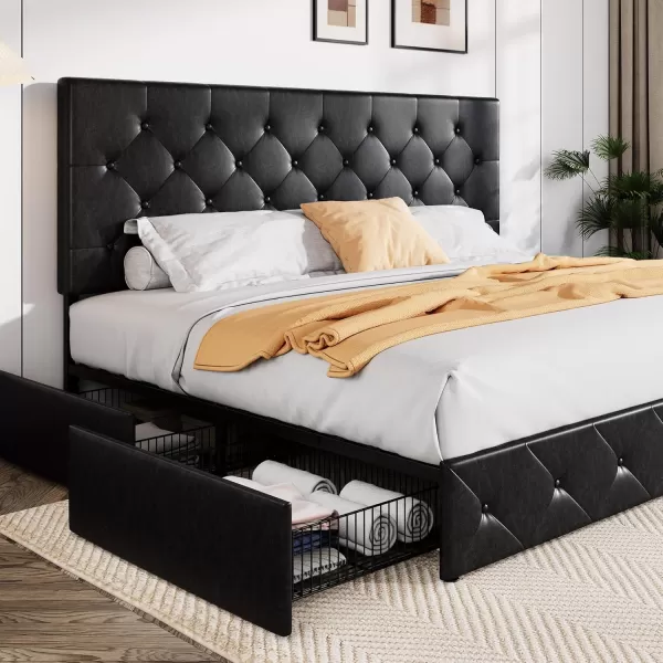 Allewie King Size Platform Bed Frame with 4 Storage Drawers and HeadboardUpholstered Diamond Stitched Button TuftedWooden Slats SupportMattress FoundationNo Box Spring NeededWhiteBlack