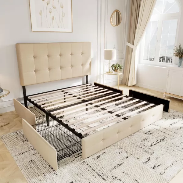 Allewie King Size Platform Bed Frame with 4 Storage Drawers and HeadboardUpholstered Diamond Stitched Button TuftedWooden Slats SupportMattress FoundationNo Box Spring NeededWhiteBeige