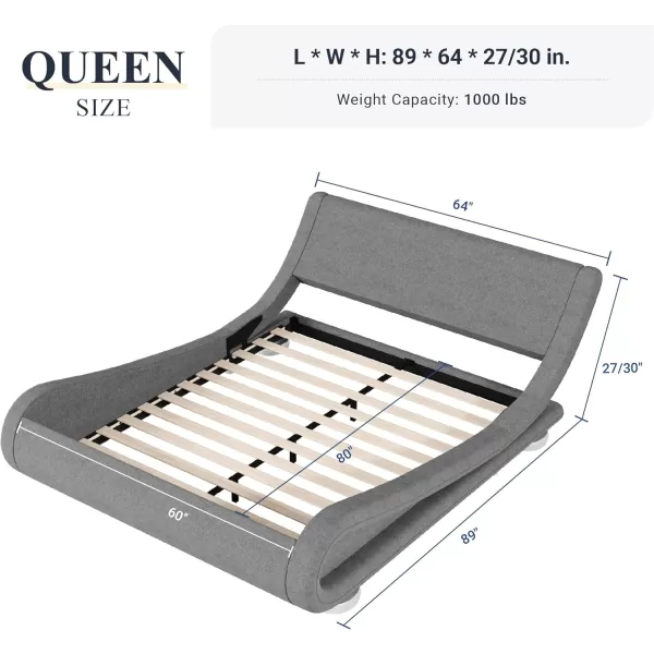 Allewie Queen Size Bed Frame with Ergonomic ampamp Adjustable Headboard Low Profile Modern Upholstered Platform Sleigh Design  Easy Assembly No Box Spring Required GreyGrey