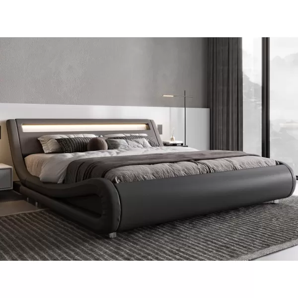 Allewie Queen Size LED Platform Bed Frame with Adjustable HeadboardNo Box Spring NeedEasy AssemblyFaux Leather in GreyGrey