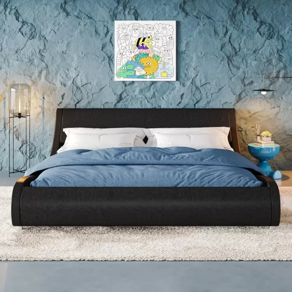 Allewie Upholstered Queen Size Platform Bed Frame Modern Low Profile Sleigh Bed with Faux Leather Adjustable Headboard Wood Slat Support Easy Assembly No Box Spring Needed Glossy BlackGlossy Black