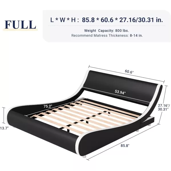 Allewie Upholstered Queen Size Platform Bed Frame Modern Low Profile Sleigh Bed with Faux Leather Adjustable Headboard Wood Slat Support Easy Assembly No Box Spring Needed Glossy BlackBlack and White