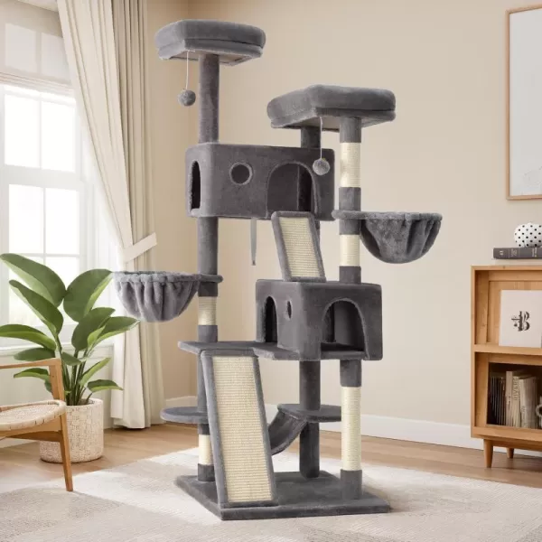 Allewie 65in MultiLevel Tall Cat Tree for Indoor CatsLarger Tower with Wide BaseCozy Plush Cat PerchesCat Condo with HammockSisal Scratching PostsDark GreyGrey