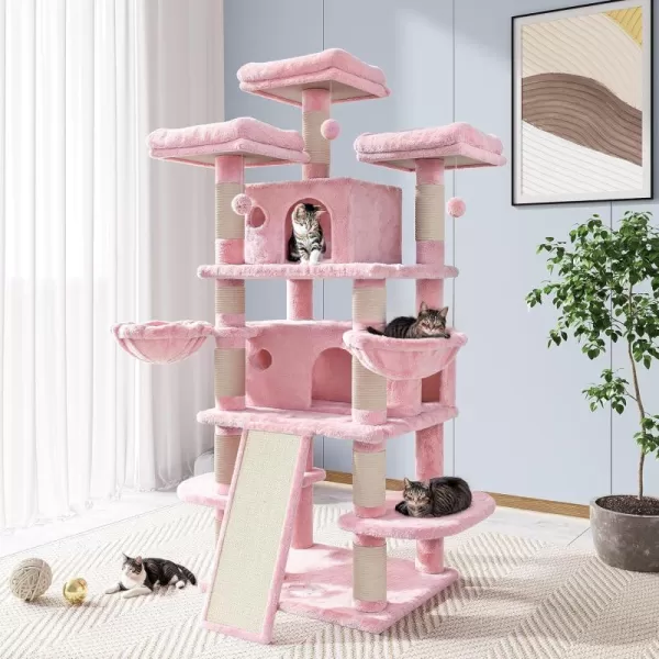 Allewie 68 Inches Cat TreeCat Tree House and Towers for Large CatCat Climbing Tree with Cat CondoCat Tree Scratching PostMultiLevel Large Cat TreeBeigePink