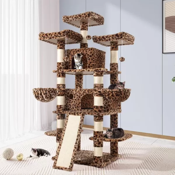 Allewie 68 Inches Cat TreeCat Tree House and Towers for Large CatCat Climbing Tree with Cat CondoCat Tree Scratching PostMultiLevel Large Cat TreeBeigeLeopard Print