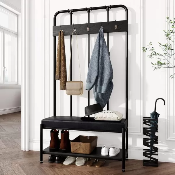 Allewie Coat Rack Shoe Bench 75quot Freestanding Hall Tree Entryway Bench with Storage Shelves Upholstered SpongePadded Seat Organized with 5 Hooks Industrial Furniture Easy Assembly Black