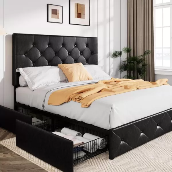 Allewie King Size Platform Bed Frame with 4 Storage Drawers and HeadboardUpholstered Diamond Stitched Button TuftedWooden Slats SupportMattress FoundationNo Box Spring NeededWhiteBlack