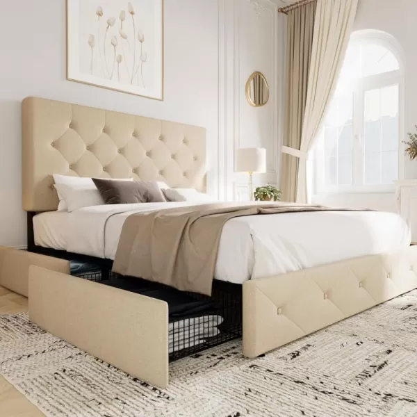 Allewie King Size Platform Bed Frame with 4 Storage Drawers and HeadboardUpholstered Diamond Stitched Button TuftedWooden Slats SupportMattress FoundationNo Box Spring NeededWhiteBeige