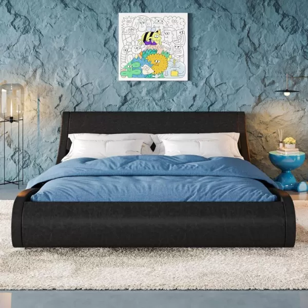 Allewie Upholstered Queen Size Platform Bed Frame Modern Low Profile Sleigh Bed with Faux Leather Adjustable Headboard Wood Slat Support Easy Assembly No Box Spring Needed Glossy BlackGlossy Black