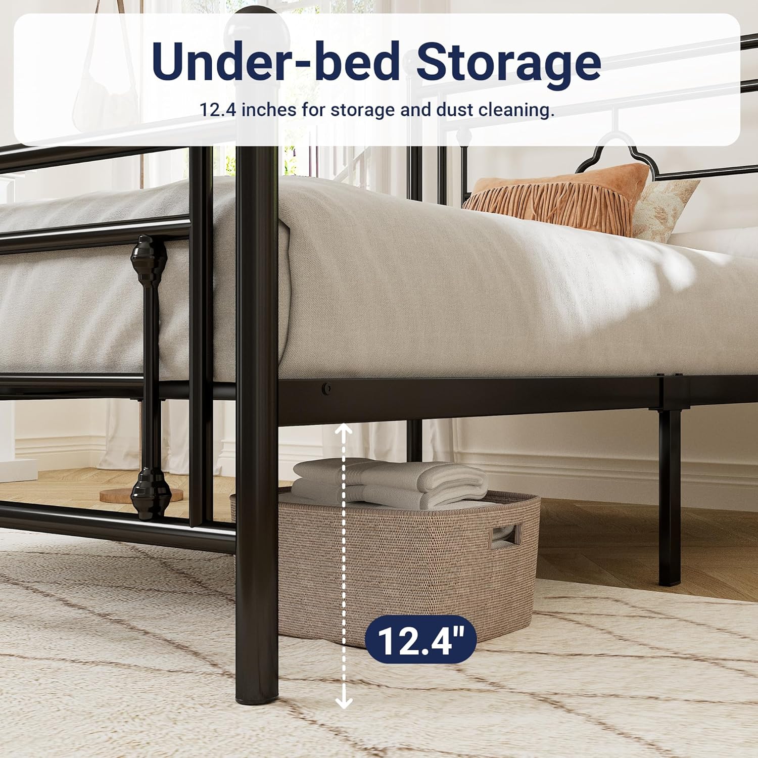 Allewie Queen Size Metal Platform Bed Frame with Victorian Vintage Headboard and FootboardMattress FoundationUnder Bed StorageNo Box Spring NeededNoiseFreeEasy Assembly BlackBlack