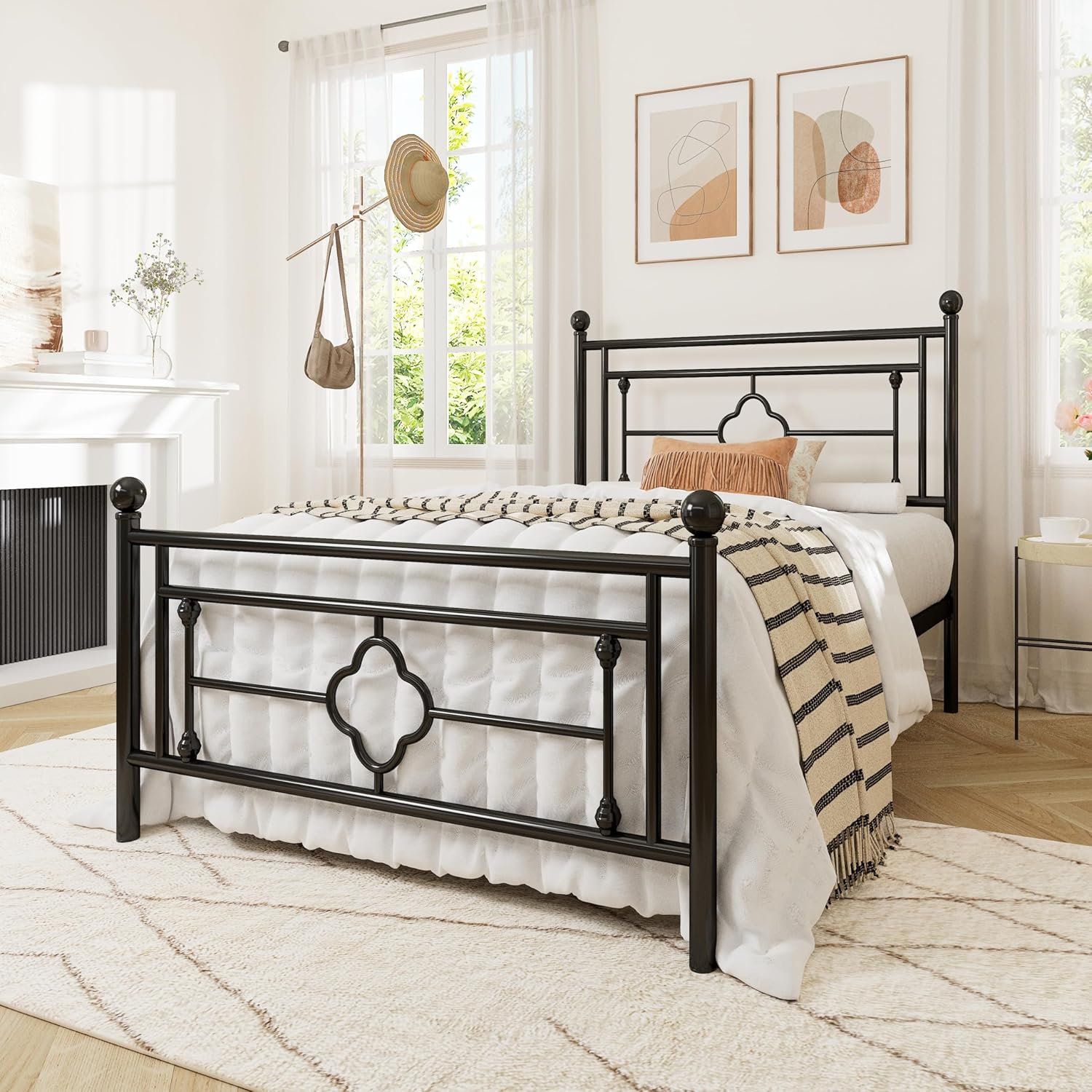 Allewie Queen Size Metal Platform Bed Frame with Victorian Vintage Headboard and FootboardMattress FoundationUnder Bed StorageNo Box Spring NeededNoiseFreeEasy Assembly BlackBlack