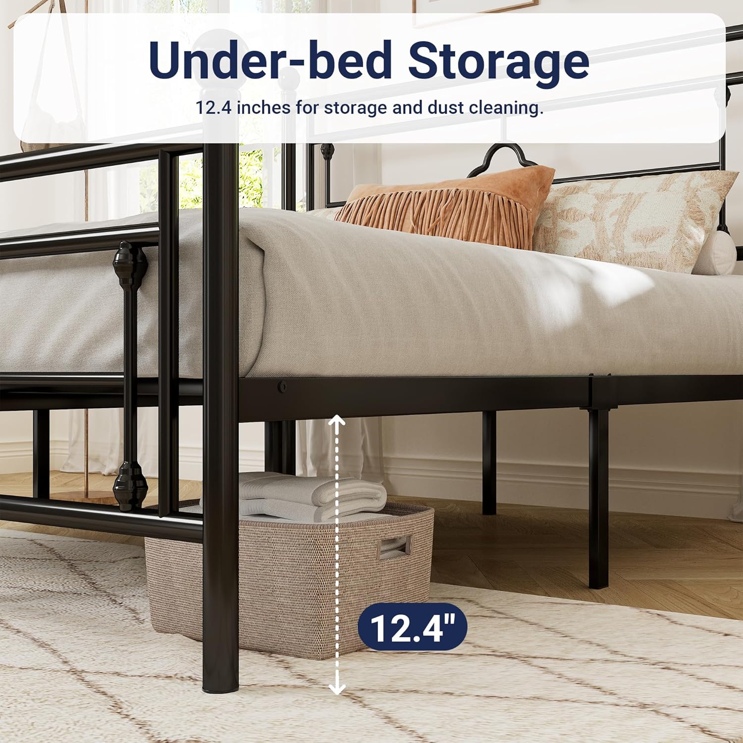 Allewie Queen Size Metal Platform Bed Frame with Victorian Vintage Headboard and FootboardMattress FoundationUnder Bed StorageNo Box Spring NeededNoiseFreeEasy Assembly BlackBlack