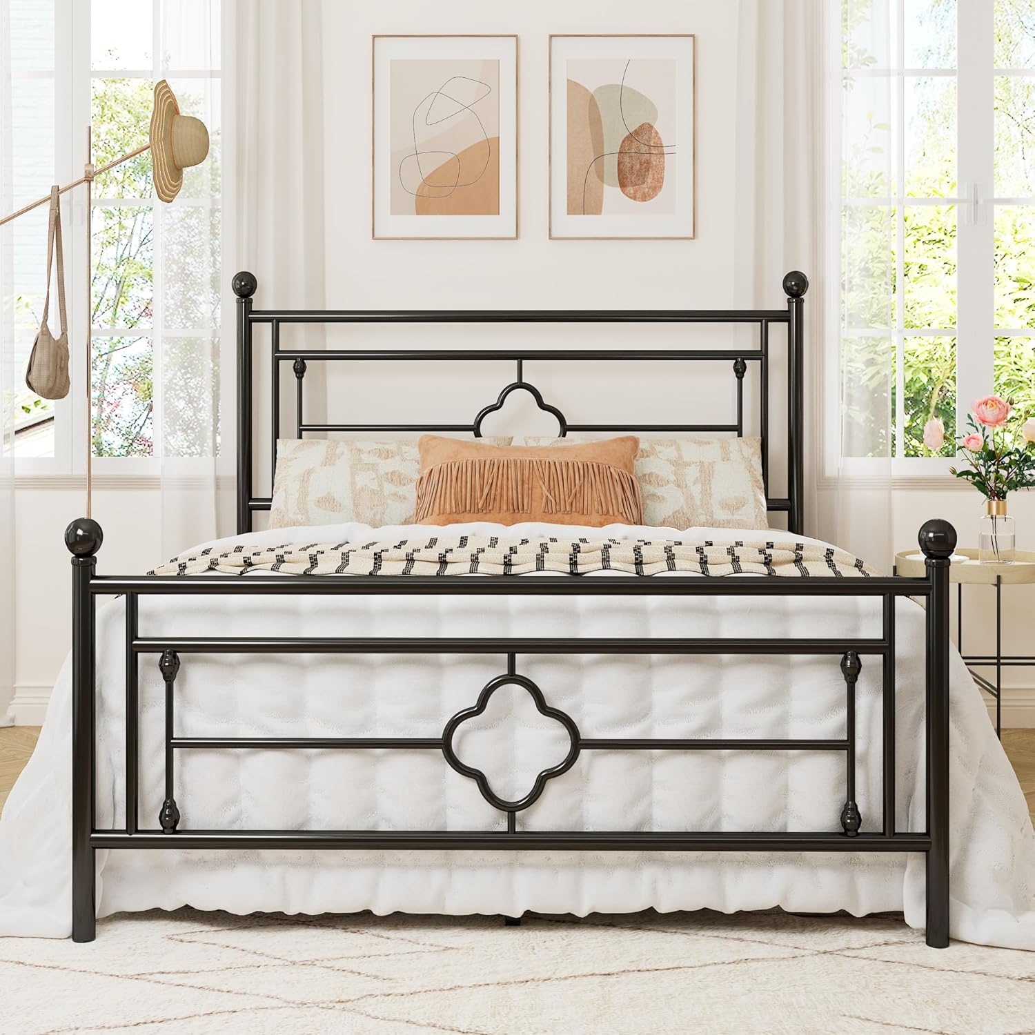 Allewie Queen Size Metal Platform Bed Frame with Victorian Vintage Headboard and FootboardMattress FoundationUnder Bed StorageNo Box Spring NeededNoiseFreeEasy Assembly BlackBlack