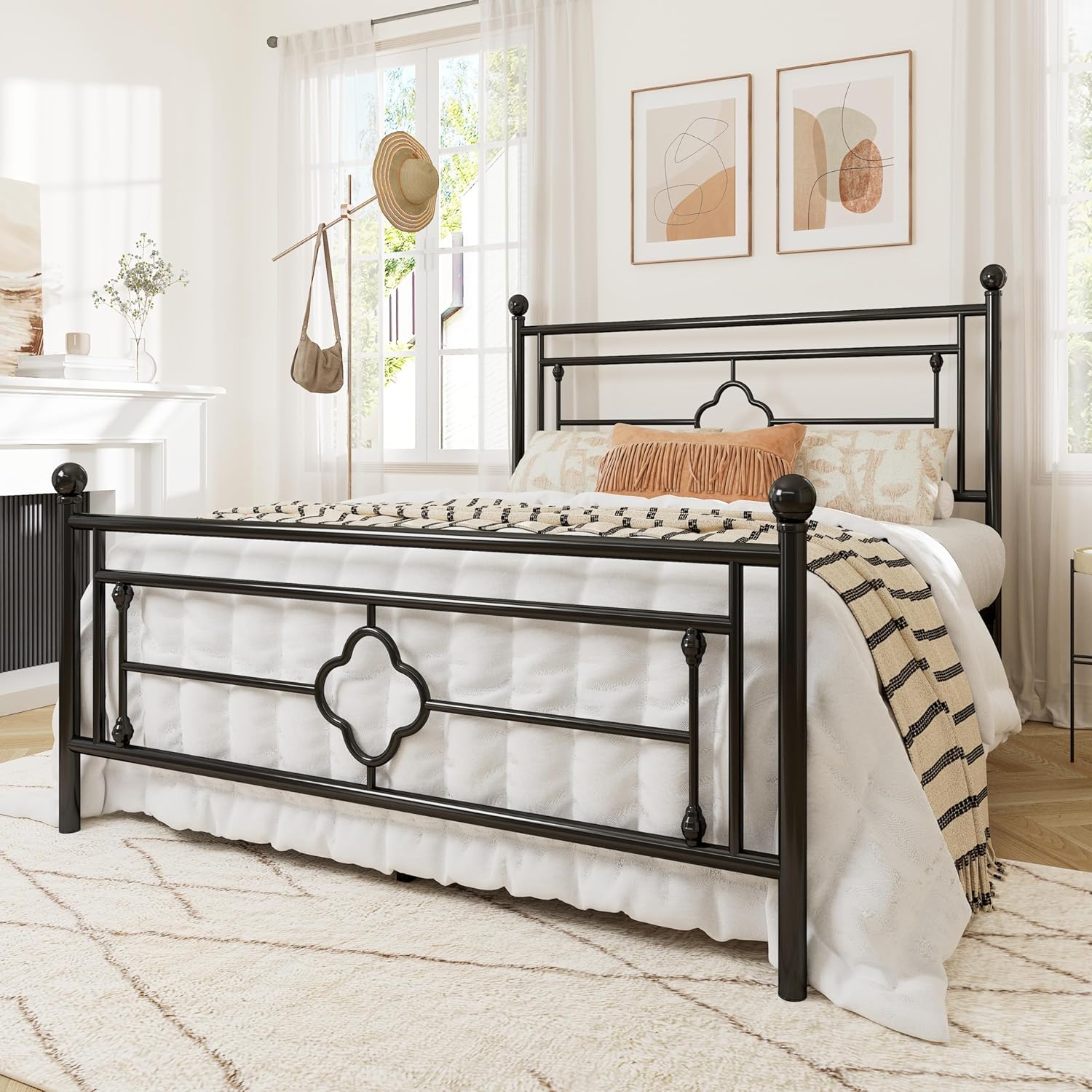 Allewie Queen Size Metal Platform Bed Frame with Victorian Vintage Headboard and FootboardMattress FoundationUnder Bed StorageNo Box Spring NeededNoiseFreeEasy Assembly BlackBlack